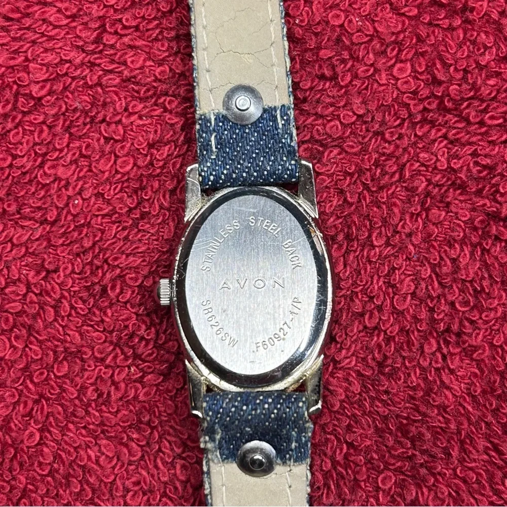 Avon VTG Women's Watch Silver Tone w/ Blue Denim Band, turquoise accents